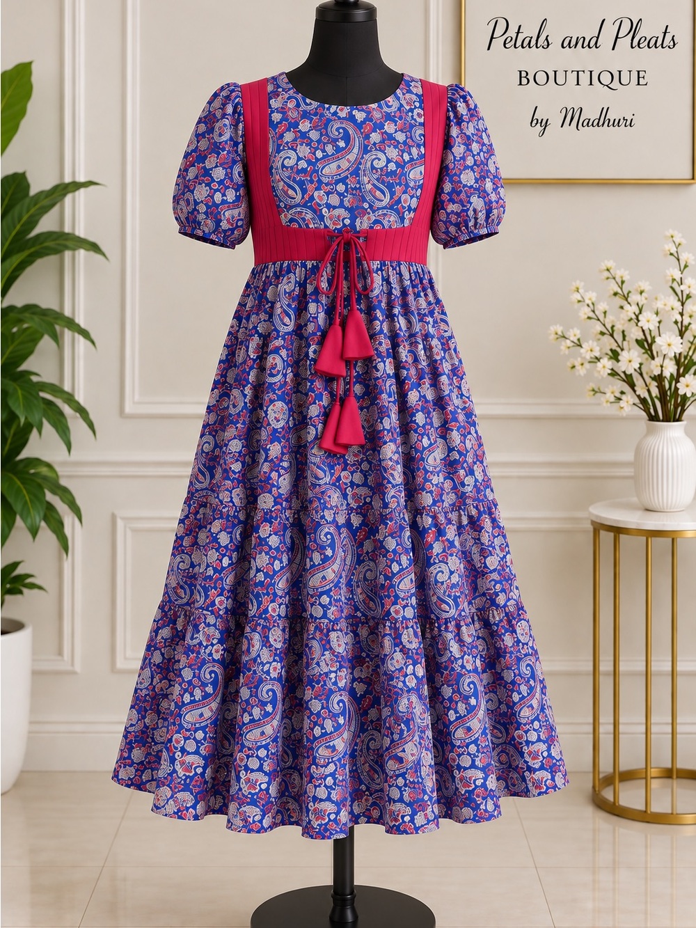 Floral Paisley Midi Dress in Blue and Pink